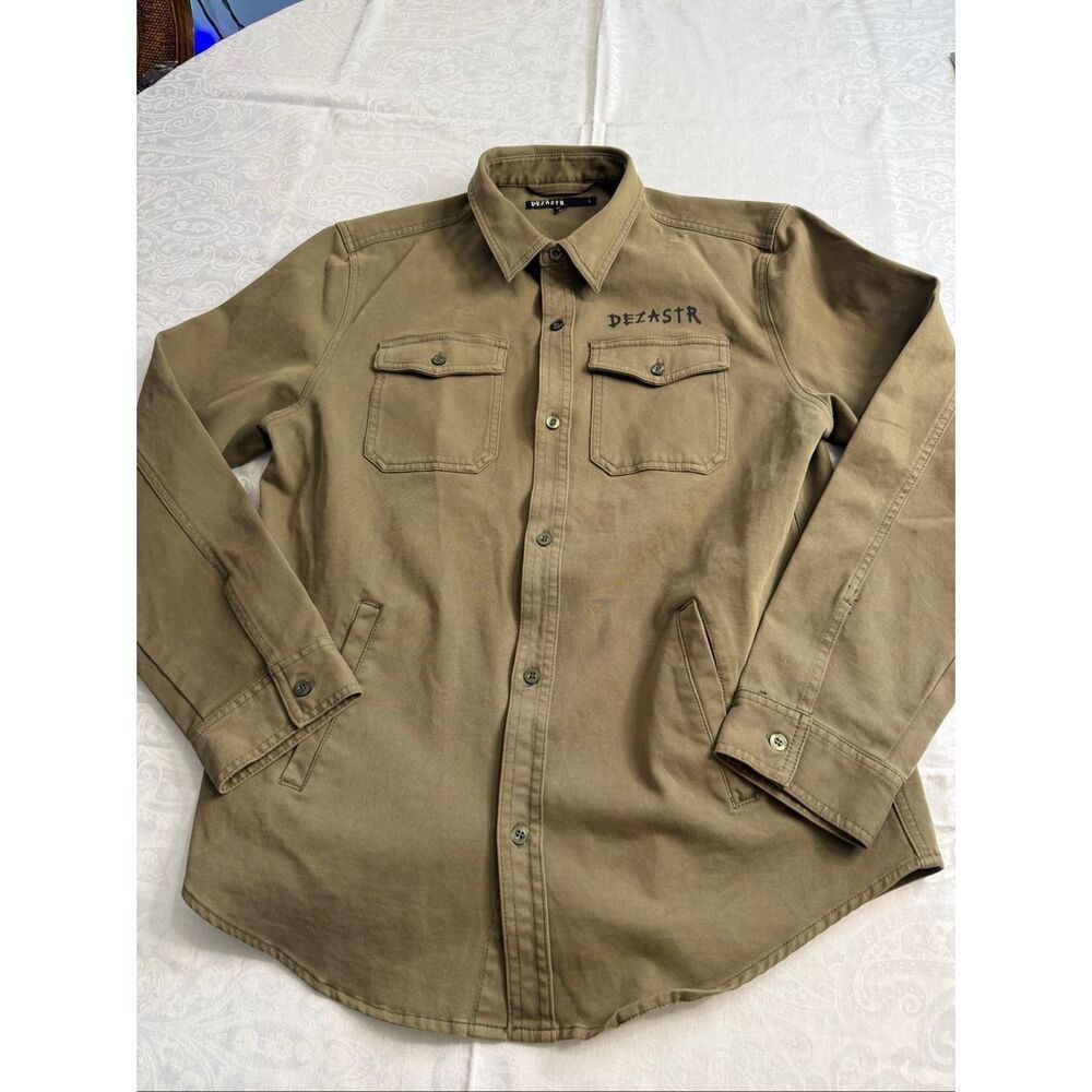 Dezastr Shirt Jacket Men’s Olive Green Graphic Mermaid Skeleton Workwear Sz L
